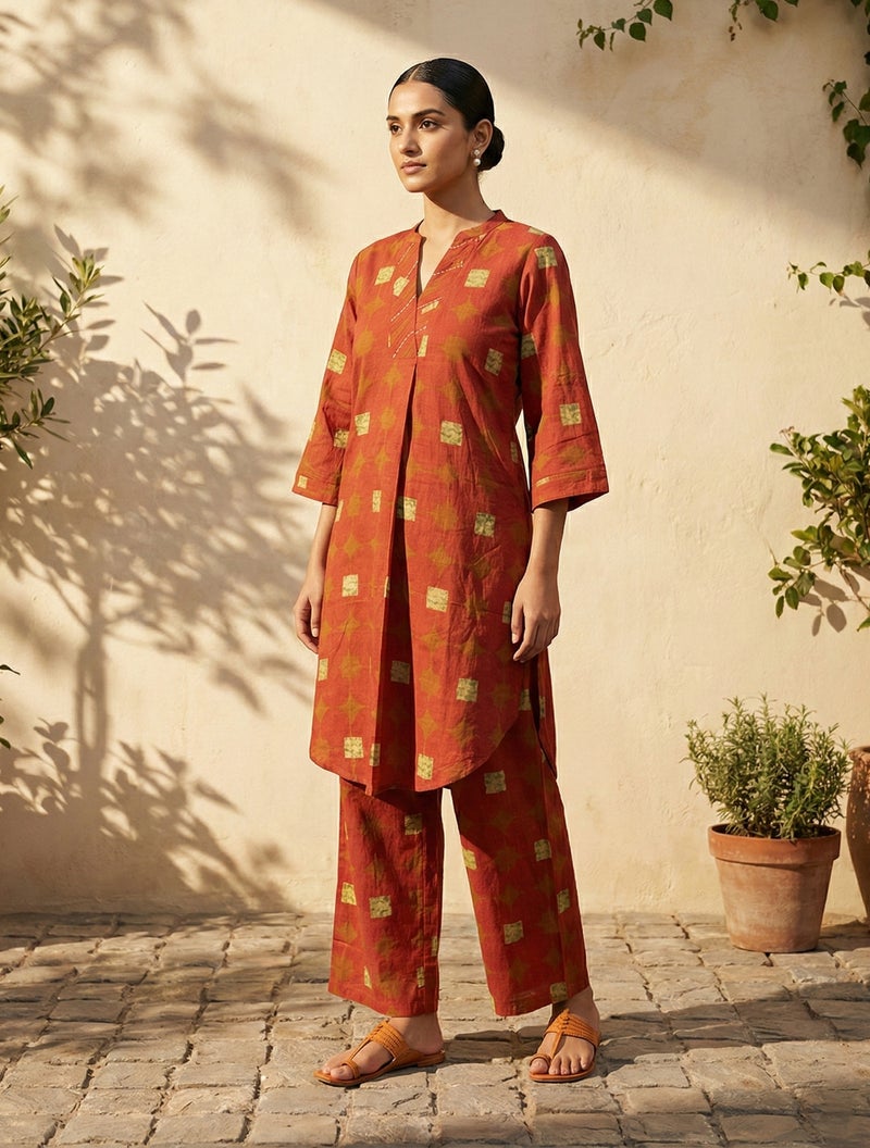 trueBrowns Rust Geometric Print Kurta Pant Set - Image 1